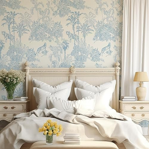 RollsRolla Blue and White Toile Wallpaper Accent Wall French Chinoiserie Style Country Farmhouse Temporary Wallpaper for Apartments Nursery