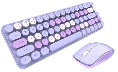 Retro Wireless Keyboard and Mouse Combo - 2.4GHz, 68 Keys With Round Keycaps, 3 DPI Optical Mouse, Ergonomic Design, Stable Transmission (Purple Theme)
