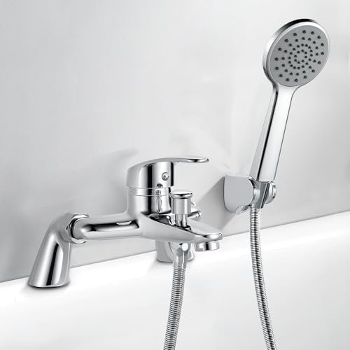 Rehomthy Mitigeur de baignoire avec pommeau de douche et tuyau - Robinet de baignoire monobloc moderne rond monobloc avec kit de douche - Chromé - Centre de 180 mm