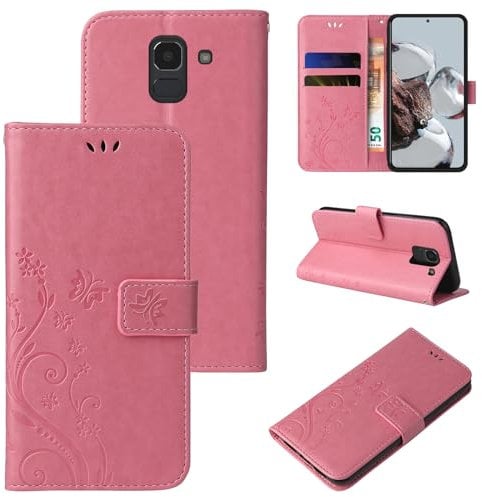 LBH Handy Hülle für Samsung Galaxy J6 Case Handytasche Schmetterling Blumen Flower Standfunktion Schutzhülle Magnet Rundum Schutz 360 Grad Flipcase Cover Rosegold