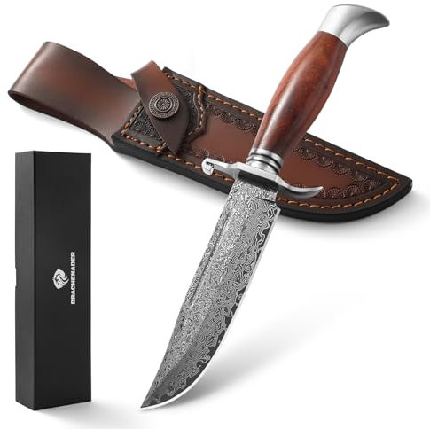 DRACHENADER Jagdmesser Damast, Feststehende Klinge 14, 4 cm, Damastmesser Outdoor Messer Survival mit Lederscheide, Gürtelmesser Griff aus Holzgriff für Camping