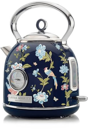 Laura Ashley Elveden Navy 1.7 Litre Stainless Steel Electric Kettle - 3KW Kettles Electric Fast Boil Quiet - Pyramid, Retro Kettle Cordless with 360 Degree Base, Overheating & Boil Dry Protection