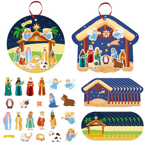 FaCraft Religiöse Bastelaufkleber für Kinder – 24 Stück Weihnachtskrippen-Aufkleber, Weihnachts-Bastelsets, DIY-Krippen-Set für Sonntag, Schule, Klassenzimmer, Krippe, christliche Weihnachtsfeier,