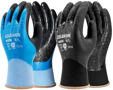 LANON Wasserdicht Arbeitshandschuhe, 2 Paar Latex Mechaniker Handschuhe für Herren und Damen, Doppelt Gummibeschichtet für Gartenarbeit, Außenbau & Autowäsche, Blau & Schwarz, XL/10