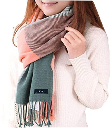 Schal Damen Karo Kariert - Damen Winterschal übergroßer Quadratisch Deckenschal Schalcape Streifen Plaid Muster klassisch modern elegant Oversized Fransen Poncho (Grün + rosa Tartan)
