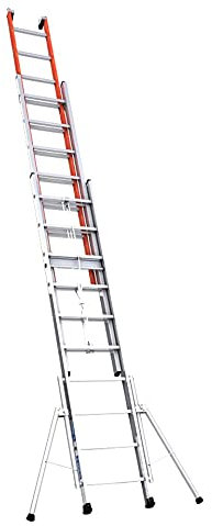 Escalera 3 planos, 10 peldaños correderos, aluminio y fibra de vidrio, estabilizadores y cuna enrollable, altura 8 m, peso 25 kg