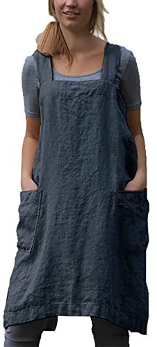 Delantal de lino de algodón para mujer con parte trasera cruzada para hornear cocinar trabajo de jardinería, Gris oscuro, S