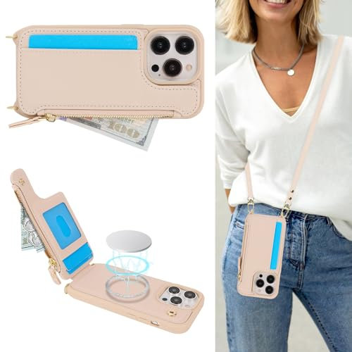 SailorTech for iPhone 14 Pro Max Case with Credit Card Holder magsafe, iPhone 14 Pro Max Phone Leather Case Wallet for Men Crossbody with mag safe Zipper Shockproof Case for Women - Beige