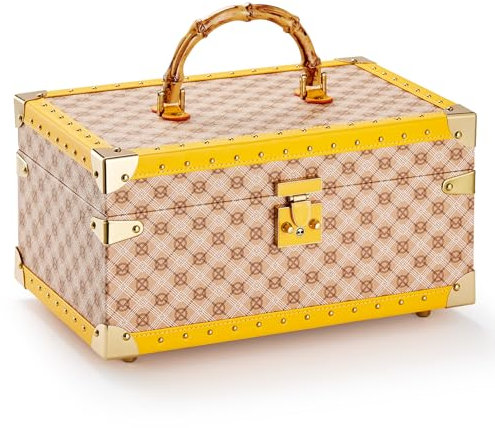 Vee Schmuckkästchen Damen,Schmuckkasten mit 3 Ebenen,Vintage Schmuckbox für Armbänder Uhren Ohrringe,flexibles Schmucktablett,Schmuckaufbewahrung mit Spiegel,viel Stauraum,Geschenk (gelb)