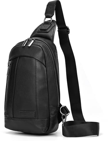 newsbirds Sling Bag Leder Schultertasche Brusttasche Umhängetasche Herren Bauchtasche Tasche Rucksack Daypacks Wasserresistent, 9341 Schwarz