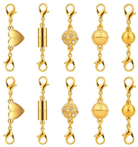10stk Magnetverschlüsse mit Verriegelung, Magnetverschlüsse für Halsketten 5 Arten Verriegelungen für Schmuck Magnetverschlüsse für Halsketten Magnetverschlüsse für Fußkettchen (Gold)