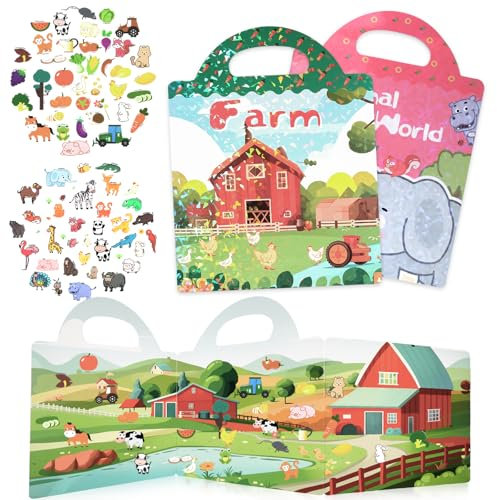 iewrtcin 2 Pack Reusable Sticker Books for 2 3 4 5 6 Year Olds Toddlers, Animal Sticker Book, Farm Sticker Book, Waterproof Kids Sticker Books for 2+ Year Olds, Stickers Book for Boys Girls