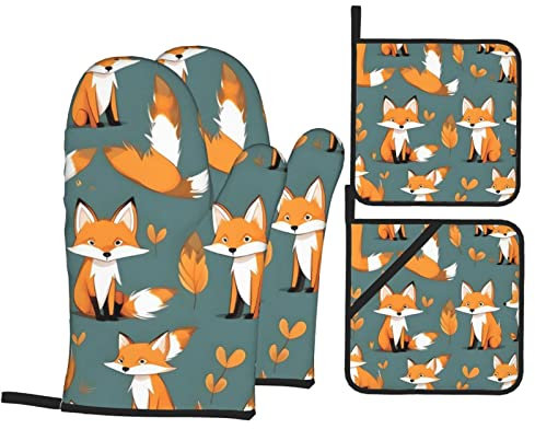YYHHAOFA Ensemble de 4 pièces de cuisine à motif renards jaunes – Manique isolante et manique épaisse et durable