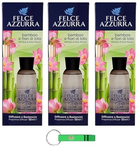 3 deodorante per ambienti Felce Azzurra, diffusore con bastoncini – Diffusore a Bastoncini – Profumo di bambù e fiori di loto 120 ml + portachiavi Beni Culinari