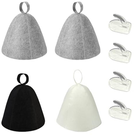Varkage 4 Stück Saunahut Filz, Saunamütze für Damen und Herren, Sauna Hut für Saunaliebhaber mit 4 Klebehaken Extra Stark (Schwarz, Weiß, Grau)