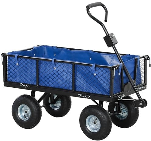 Outsunny Garden Trolley Cart, Heavy Duty Festival Trolley with Removable Liner, Quick-Release Sides, 10 Pneumatic Wheels, 180° Rotating Handle, 300kg Capacity, Blue