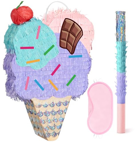 WERNNSAI Eiscreme Pinata – Eis Geburtstags Piñata Mädchen Kinder Eiscreme Piñata mit Augenbinde Stab Rosa Lila Sommer Geburtstagsparty Dekoration Süße Poolparty Deko Spiele Zubehör