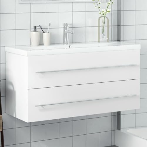 Myheimly Waschbeckenunterschrank mit Einbaubecken, Waschbeckenschrank mit viel Stauraum, Waschtisch Waschbecken Wandmontage Mit Wasserhahn,Weiß,100 x 38.5 x 48 cm