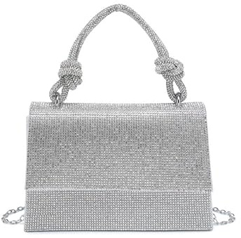 JFY Flap Rhinestone Embedded Knots Top Handle Diamante Clutch Bag