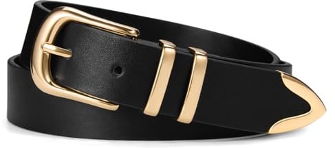 VATAN Women Leather Belt for Jeans Dresses Pants Fashion Ladies Casual Waist Belt with Gold Buckle (Black Gold Buckle, M Fit Waist Size 27-32)