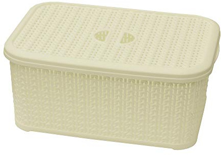 JVL Knit Design Loop Plastic Lidded Rectangular Storage Basket with Handles - 6 Litres, White, white, 13-356WH
