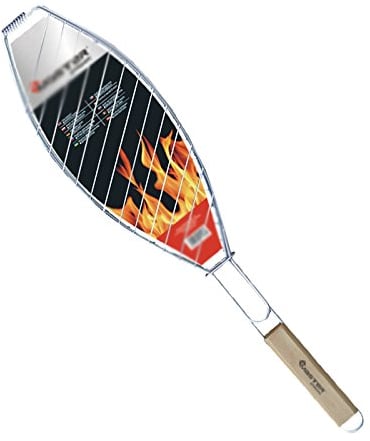 XXL Fischbräter 39x15cm Fischgriller Fischzange Grillkorb Grillwender Grillaufsatz mit Holzgriff Stahl verchromt