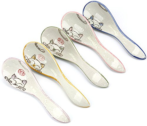 5pcs Ceramics Japanese Fortune Cat Lucky Cat Hand Painted Soup Spoons