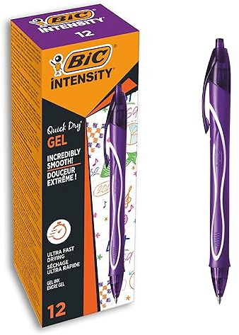 BIC Intensity Quick Dry, Penne Gel Viola, Punta Media 0,7mm, Inchiostro Scorrevole e Asciugatura Ultra-Rapida, 12 Unità, Penne Bic Viola, Cancelleria Scuola e Ufficio