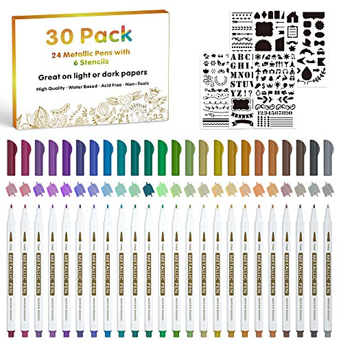 Metallic Stifte, Lineon 30 teiliges Metallic Marker Set, 24 bunte Metallstifte mit feinen Spitzen und 6 DIY-Vorlagen, zum Dekorieren von Fotoalben, Kartenherstellung, Glas, Holz geeignet
