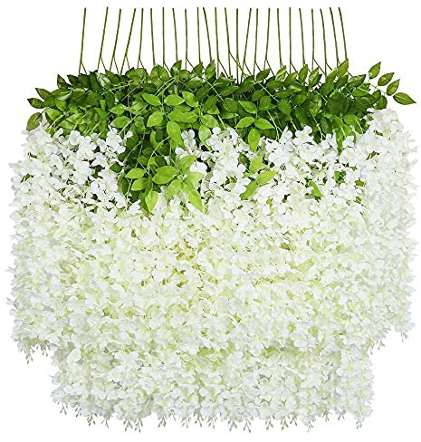 UNIQU 24 Stems Artificial Wisteria Vine - Hanging Silk Flowers Garland for Wedding Arch, Party, Home & Garden Decor - Fake Wisteria Flowers for Indoor Outdoor Decoration (White)