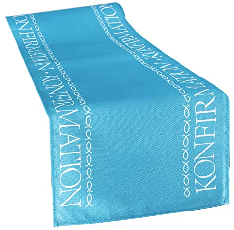 270x30cm Konfirmation Tischläufer Blau Leinen Tischläufer mit Konfirmation Schriften und Fische Mustern Tischdekoration zur Konfirmation Party Hintergrund Tischband Kommunion Jungen Mädchen usw.