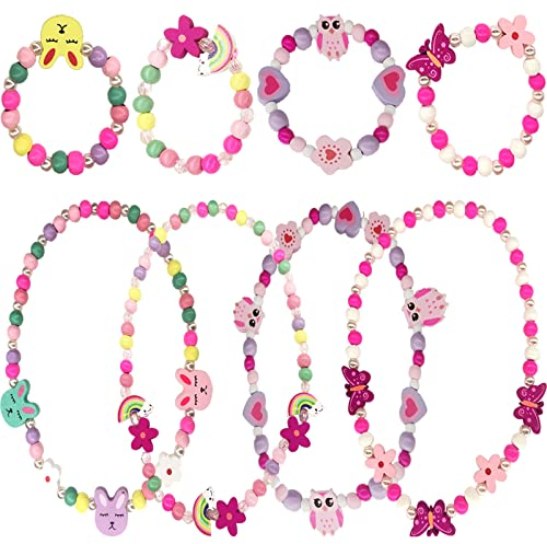 RUIJIE Kinder Schmuck Set 8 Stück Mädchen Schmuck Perlen Armband Halskette 4 Mädchen Halskette 4 Bunte Armbänder Freundschaftsarmband Geschenk Kinderschmuck Mädchen Für Kinder Mädche