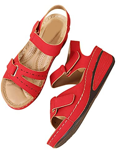 Sandales compensées cuir femme été confortable, Sandales orthopédiques en cuir respirant femme Chaussures Pieds Larges à Bout Ouvert Sandale Randonnee Chaussures De Loisirs