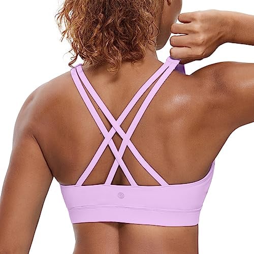 CRZ YOGA Damen Ohne Bügel Sport BH Gekreuzt Rücken Spaghetti Top Abnehmbare Pads Yoga Croptop Flieder M