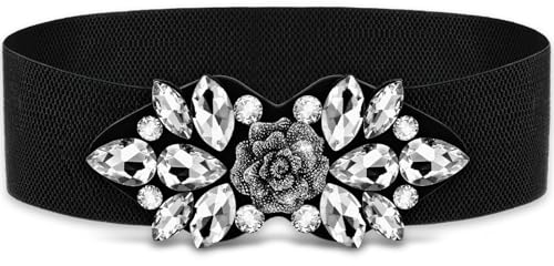 Amaxiu Elastischer Strass breiter Taillengürtel, dehnbare Kristall dicke Gürtel Vintage Blumenbund Taillenzubehör für Damenkleid(L: 13.8-17cm)