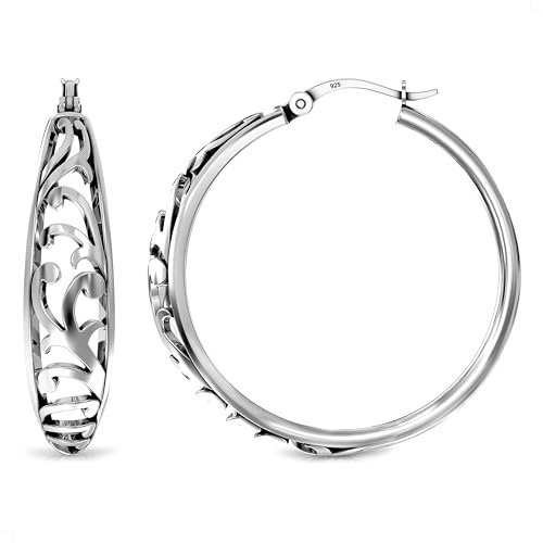 LeCalla 925 Sterling Silber filigrane Ohrringe für Frauen | Runde komplizierte Blumen Ausschnitt Design Ohrring | Click-Top Ohrringe - 30MM