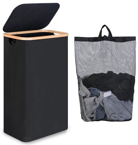 iEGrow Wäschekorb mit Deckel 75L, Wäschekorb Schmal mit herausnehmbarer und waschbarer Innentasche, Wäschesammler Bambus, faltbare Wäschekörbe für Waschküche, Schlafzimmer, Badezimmer (Schwarz)