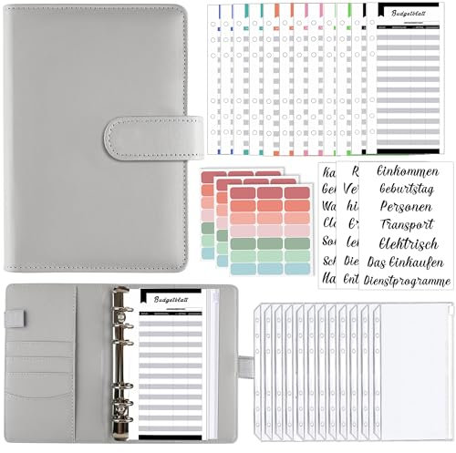 A6 Binder Budget Planner Deutsch: Geld Organizer Budget Planer mit 12 Binder Taschen, 12 Budgetblätter Deutsch, Etikettenaufklebern Sparbuch für Reisen,Tagebuch und Geschenk