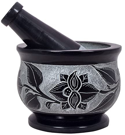 Divit Shilp Mortero y pilón, hecho de piedra dura pulida resistente, molinillo de piedra natural para especias, pastas, hierbas, condimentos, etc. (floral)