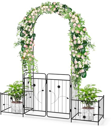 GOPLUS Arche de Jardin Porte en Métal avec 2 Jardinières Latérales, Treillis en Arc avec Portail Verrouillable, pour Plantes Grimpantes, Roses, Vignes, Mariage, Décoration de Cérémonie,202x50x220CM