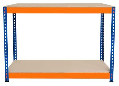 Banco da Lavoro Garage 120x45x90cm - 2 Ripiani, Acciaio Rinforzato, 300kg/Ripiano, Montaggio Senza Bulloni, Layout Regolabile, Piedini in Gomma, Barra di Supporto