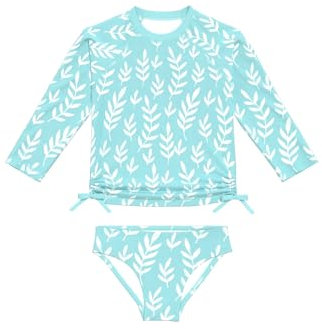 weVSwe Zweiteilig Badeanzug Mädchen UPF 50+ Langarm Badehose Blaue Blätter Kinder Schwimmanzug UV Schutz Kinder 3-4 Jahre