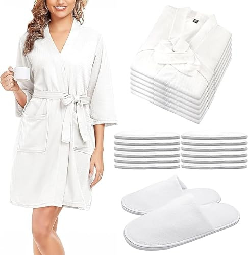 MSYU Lot de 12 peignoirs et pantoufles gaufrés pour femme avec 6 paires de pantoufles, peignoirs de bain de spa en vrac, peignoirs de bain légers, doux et fins, pour mariage, fête, hôtel, blanc, blanc