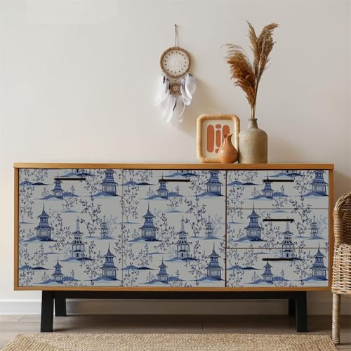 Revetement Adhesif Meuble Tour Bleue Chinoise Papier Peint Adhesif Mural pour Chambre Adulte Enfant PVC Waterproof Amovible Décoration Murale Stickers Meuble (38.6x480.6 CM)