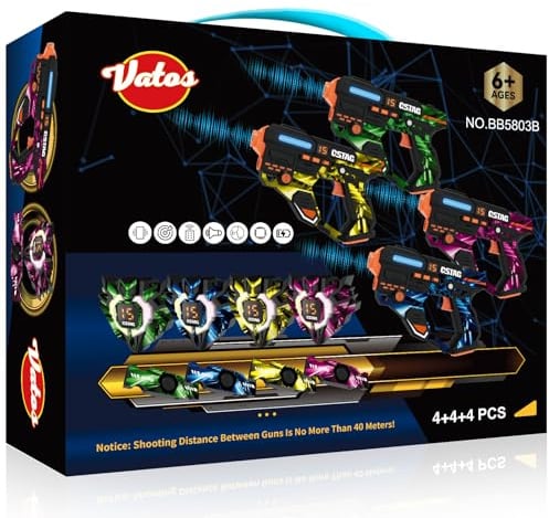 VATOS Wiederaufladbares Laser Tag Set mit 360°Sensoren für 4 Spieler, 2,4 GHz Infrarot Echtzeit Datenanzeige,Familien und Gruppen Spiel für Kinder und Jugendliche Geschenke für Kinder ab 6 Jahren