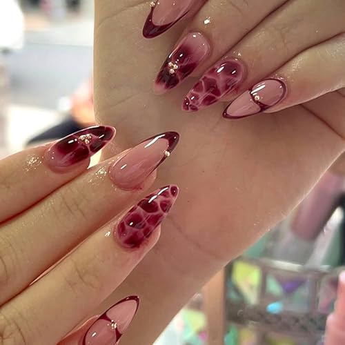 24 Stück Weinrote Fingernägel zum Aufkleben Mittel Mandel, Französische Press on Nails mit Blumen, Elegant Acryl Full Cover Nägel zum Aufkleben, Wiederverwendbar Künstliche Nägel für Frauen Mädchen