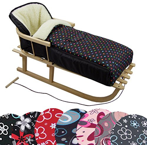 BAMBINIWELT Kombi-Angebot Holz-Schlitten mit Rückenlehne & Zugseil + universaler Winterfußsack (108cm), auch geeignet für Babyschale, Kinderwagen, Buggy, aus Wolle Design (schwarz Bunte Punkte)