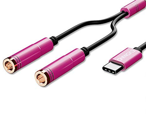 EVOMIND Splitter Audio USB Type C vers Double Jack Femelle 3.5mm 30CM Cable Adaptateur USB C Separateur Son et/ou Micro pour Casque/Ecouteurs, Smartphone Xiaomi, Motorola Moto Z, LeEco etc – 30CM Rose