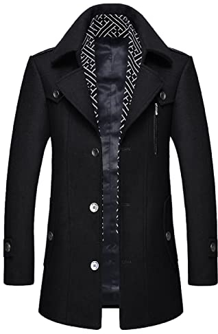 iCKER Men's Wool Coat Short Trench Coat Pea Coat Casual Winter Business Slim Fit Jacket, Black 1, XL
