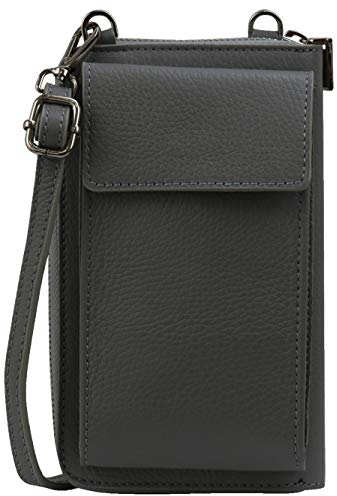SH Leder Damen Handytasche Umhängetasche Geldbörse Multifunktion Beutel aus Echtleder Verstellbar Schultergurt Handy bis 6,8 Zoll 11,50x19cm Sarah G339 (Dunkelgrau)